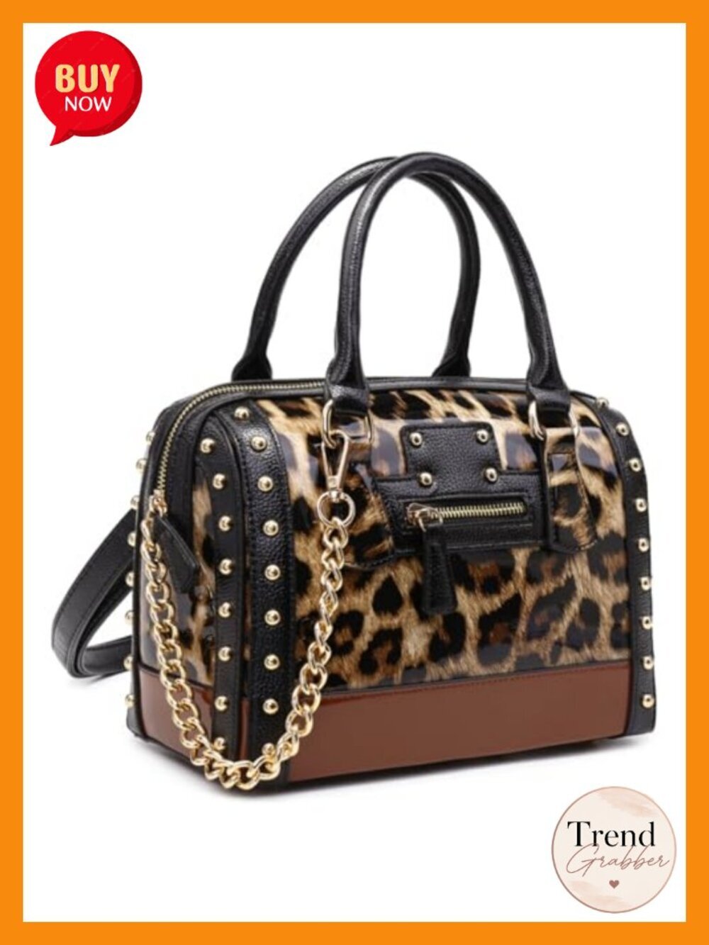 Shiny Patent Faux Leather Barrel Satchel Handbag with Rivet Decoration